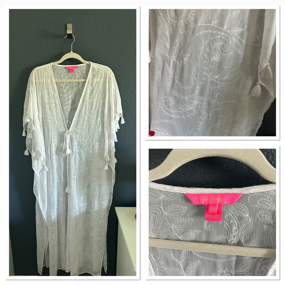 Lilly‎ Pulitzer Scheena white  Embroidered Tassel Maxi Caftan Swim Cover Up S/M